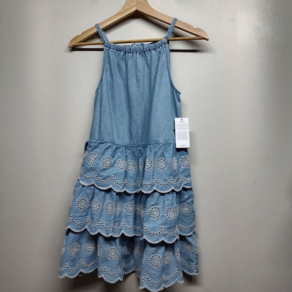 Guess Tiered Denim Mini Dress Girl 12 Chambray Halter Ruffle Embroidered Girly